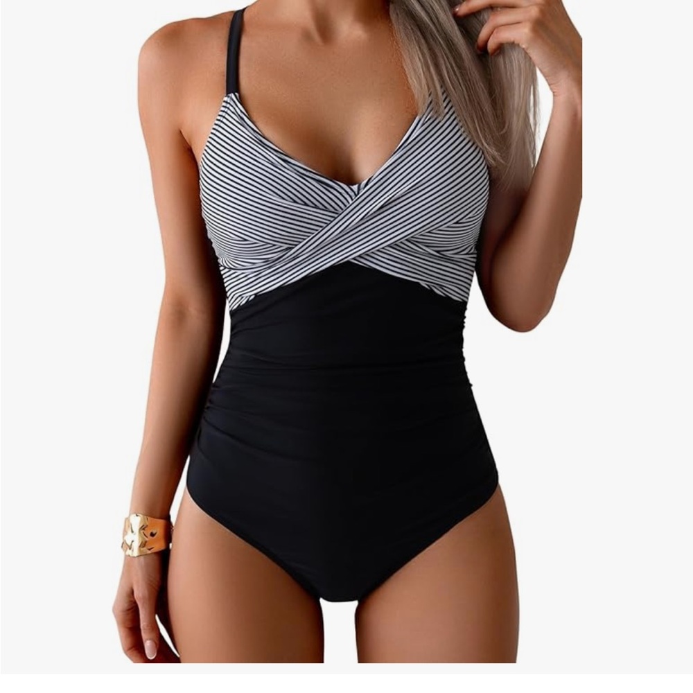 Black One-Piece Swimsuit with striped top